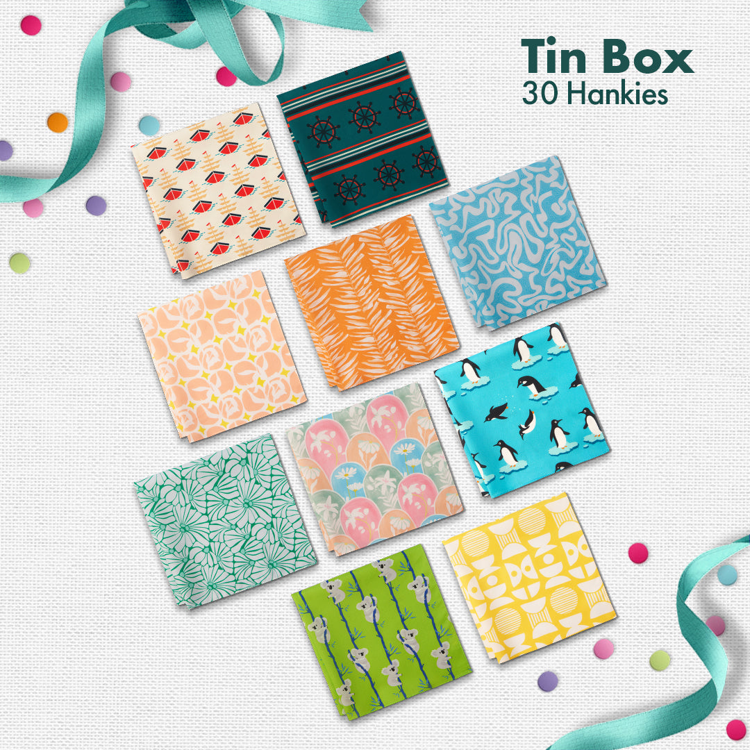 GMT! Giraffe Mood Time! Tin Gift Box, Unisex Hankies, 100% Organic Cotton, Box Of 30