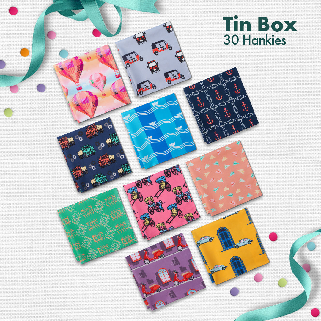 GMT! Giraffe Mood Time! Tin Gift Box, Unisex Hankies, 100% Organic Cotton, Box Of 30