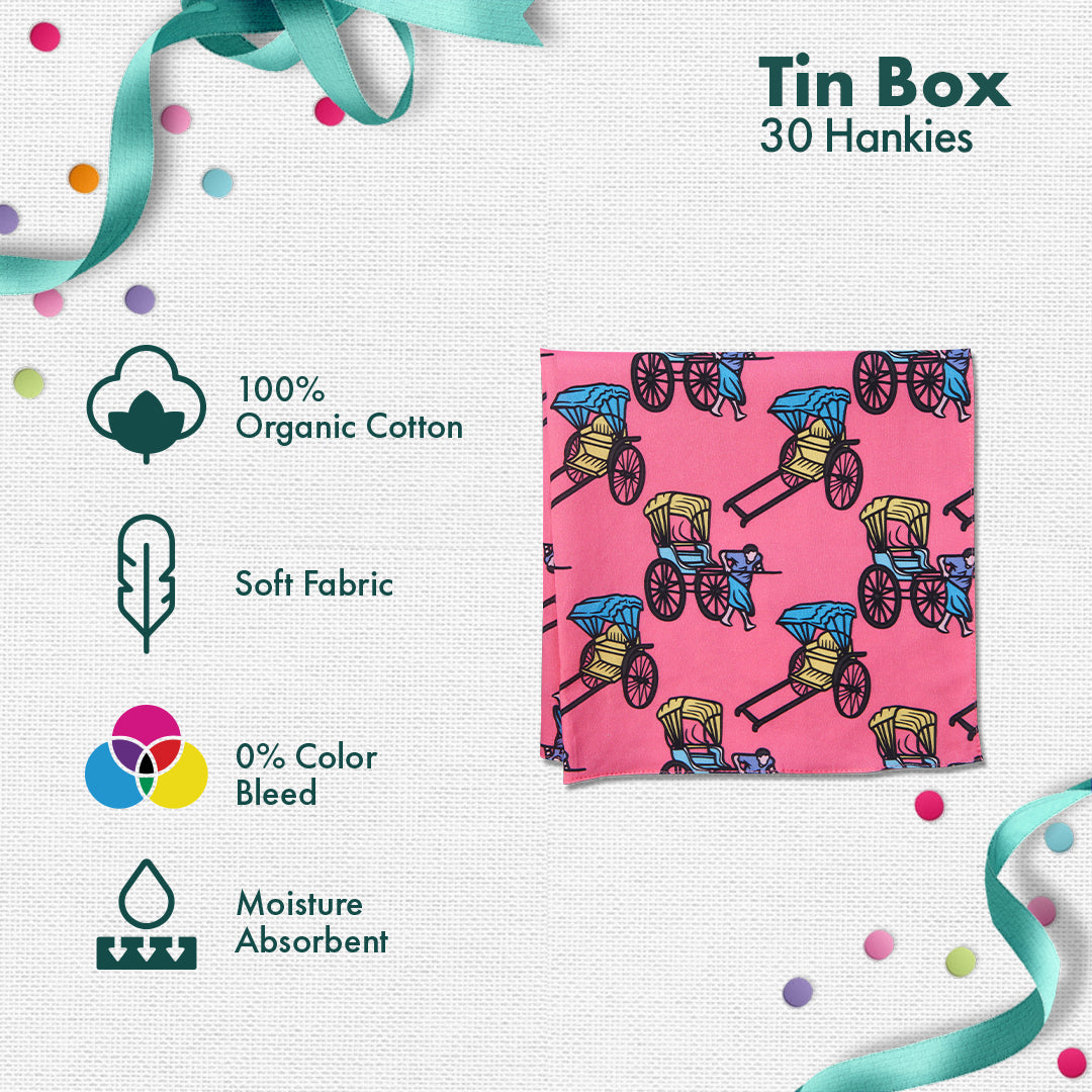 GMT! Giraffe Mood Time! Tin Gift Box, Unisex Hankies, 100% Organic Cotton, Box Of 30