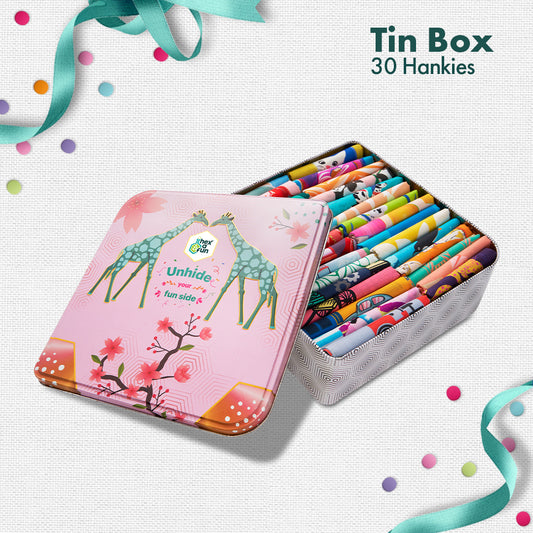 GMT! Giraffe Mood Time! Tin Gift Box, Unisex Hankies, 100% Organic Cotton, Box Of 30