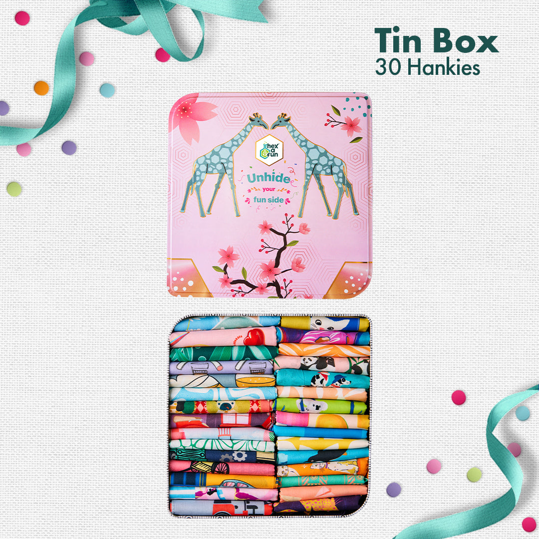 GMT! Giraffe Mood Time! Tin Gift Box, Unisex Hankies, 100% Organic Cotton, Box Of 30