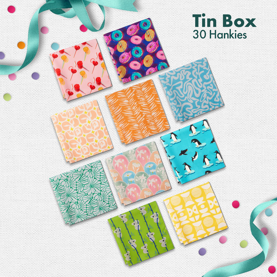GMT! Giraffe Mood Time! Tin Gift Box, Unisex Hankies, 100% Organic Cotton, Box Of 30