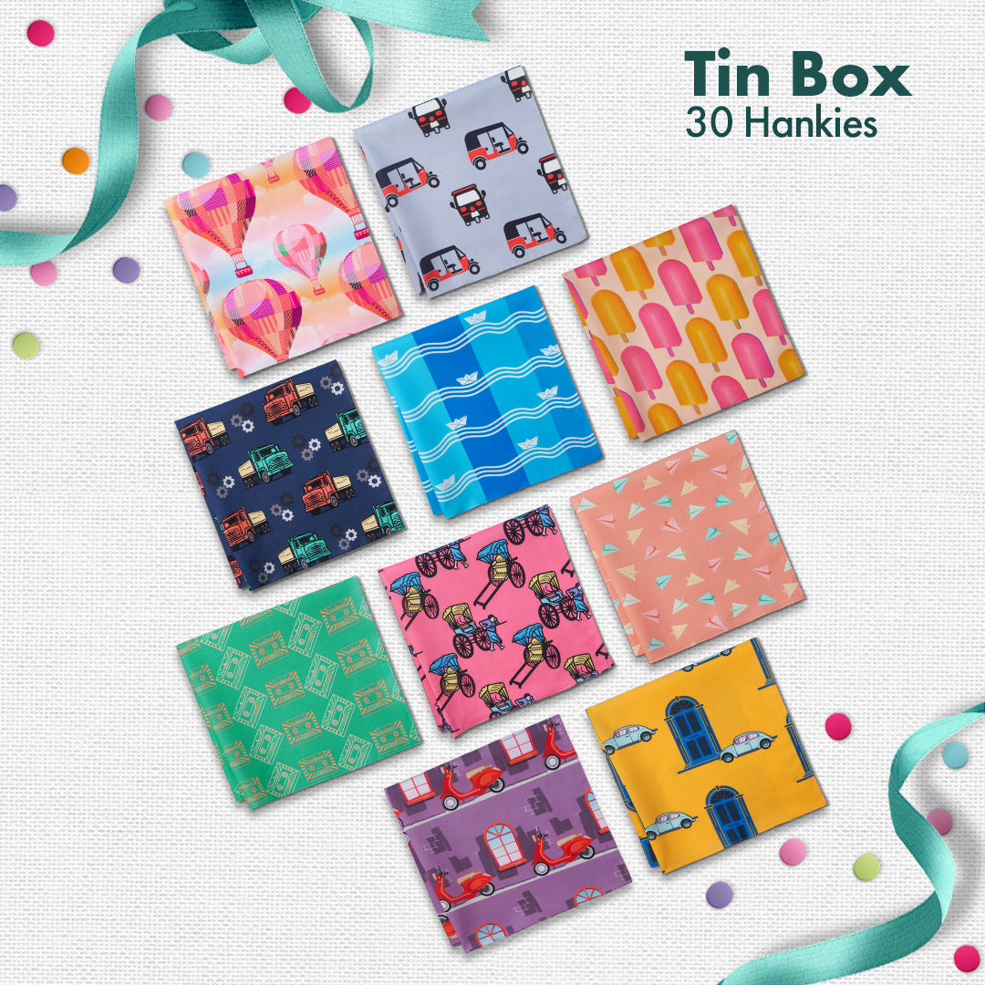 GMT! Giraffe Mood Time! Tin Gift Box, Unisex Hankies, 100% Organic Cotton, Box Of 30
