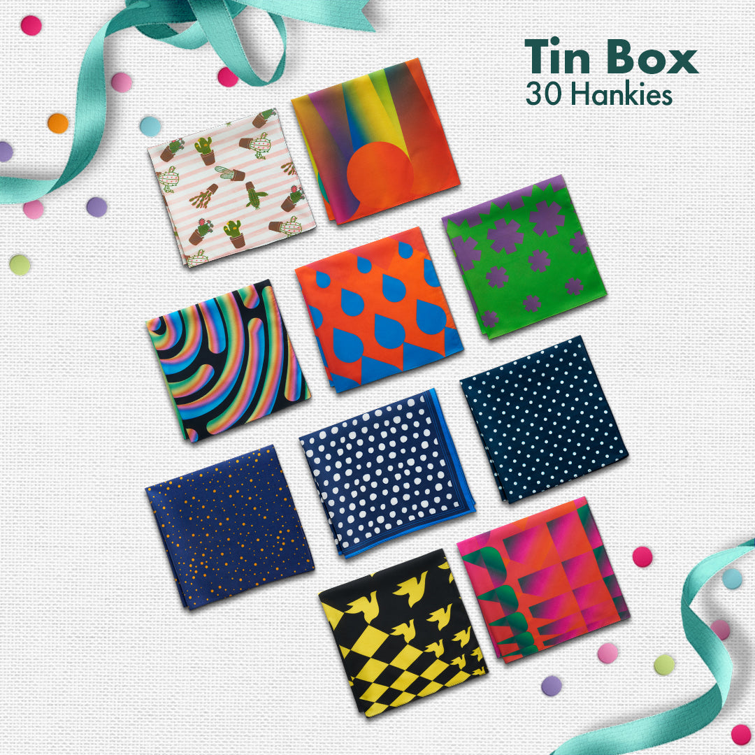 EOD! Elephant Of The Day! Tin Gift Box, Unisex Hankies, 100% Organic Cotton, Box Of 30