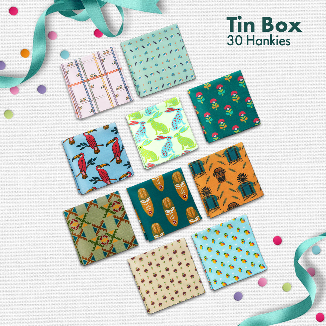 EOD! Elephant Of The Day! Tin Gift Box, Unisex Hankies, 100% Organic Cotton, Box Of 30