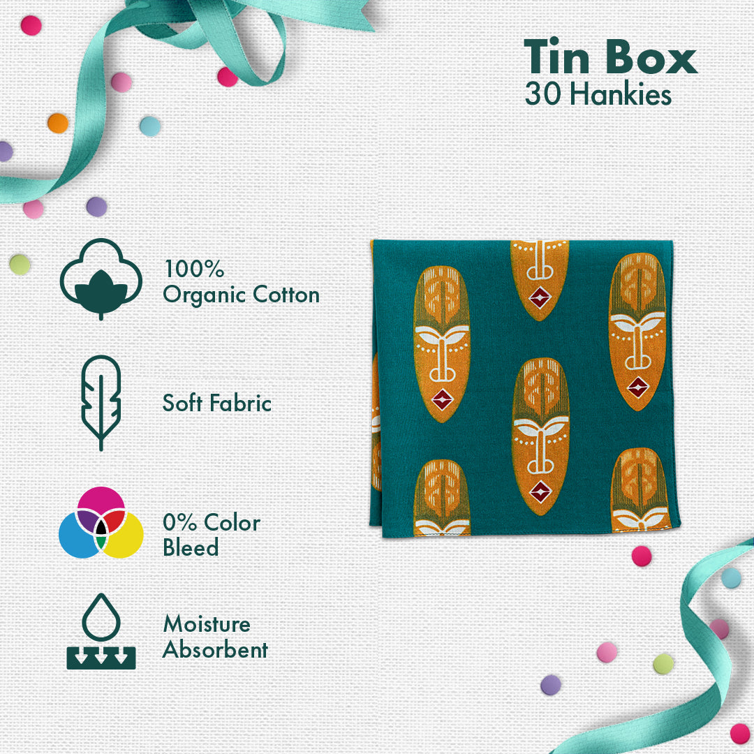 EOD! Elephant Of The Day! Tin Gift Box, Unisex Hankies, 100% Organic Cotton, Box Of 30