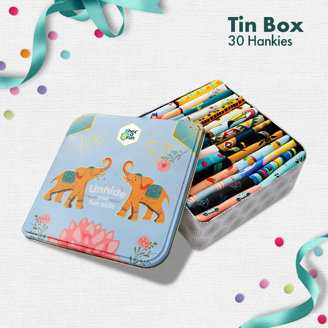 EOD! Elephant Of The Day! Tin Gift Box, Unisex Hankies, 100% Organic Cotton, Box Of 30