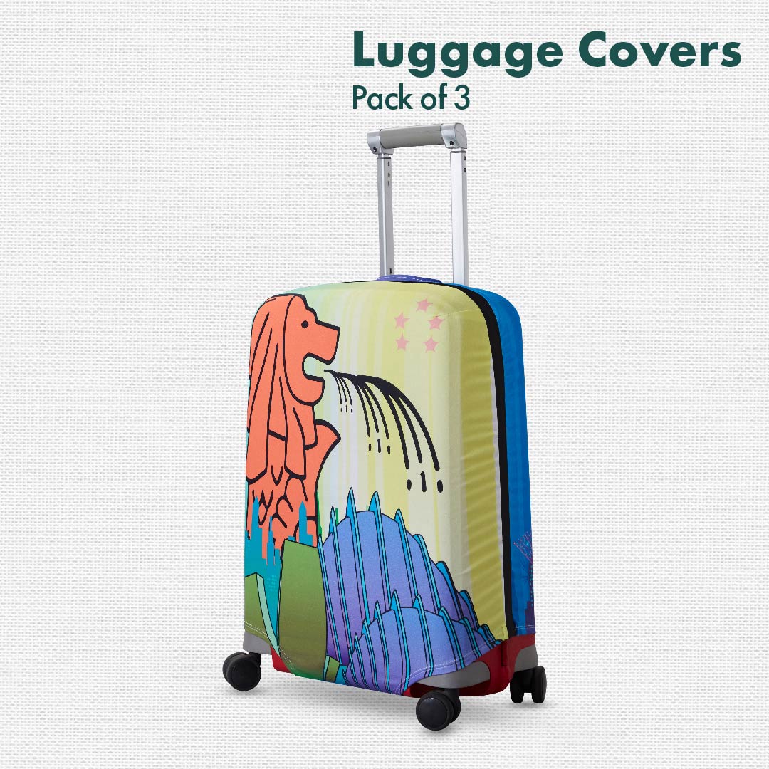 Merlion Musings! Luggage Covers, 100% Organic Cotton Lycra, Small+Medium+Large Sizes, Pack of 3