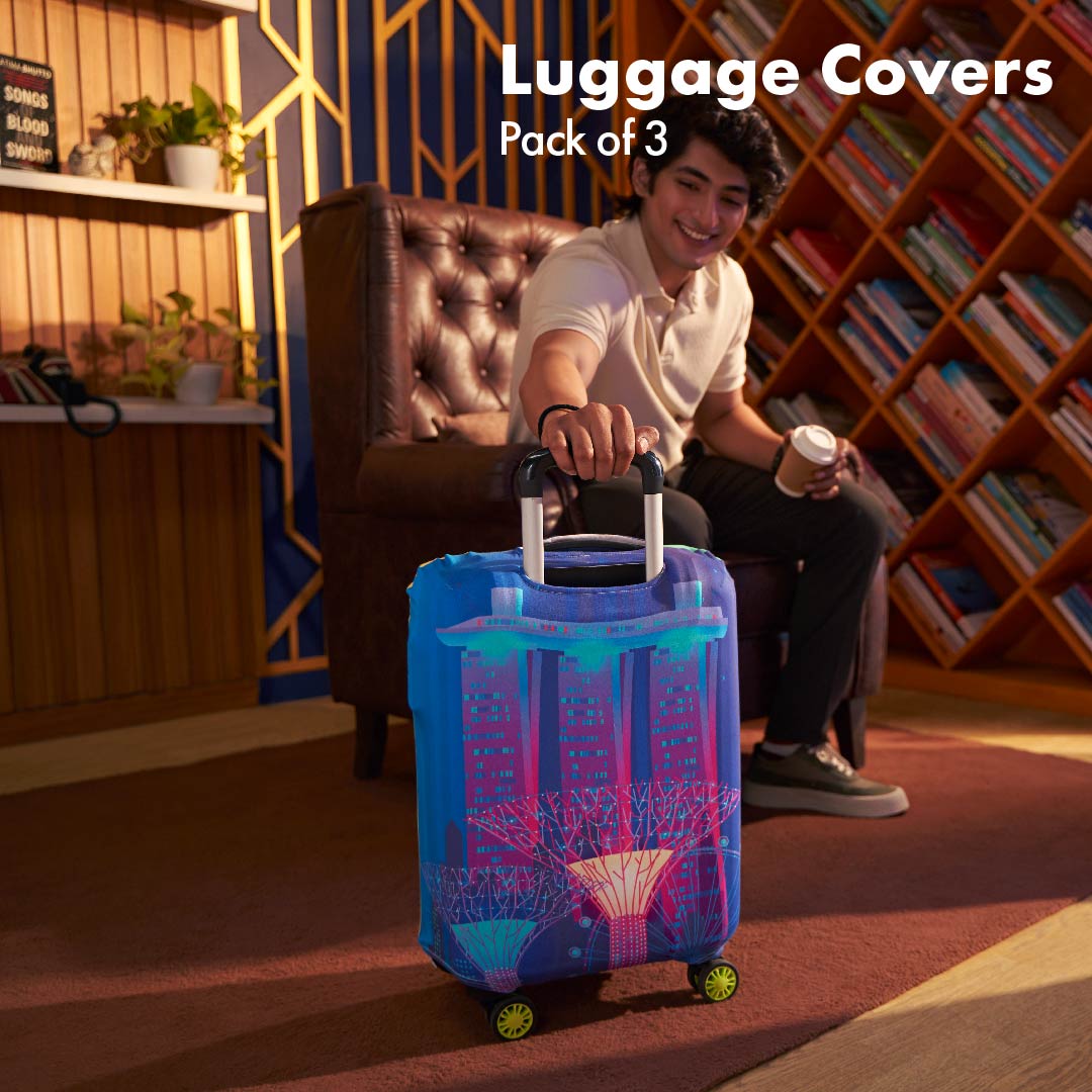 Merlion Musings! Luggage Covers, 100% Organic Cotton Lycra, Small+Medium+Large Sizes, Pack of 3