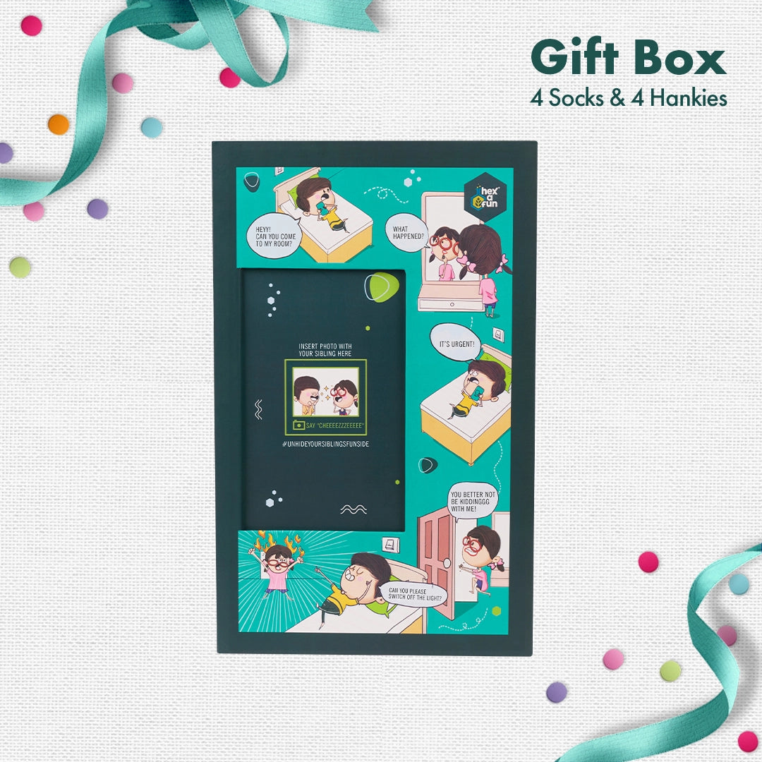 Photo-synthesis! Sibling Love Gift Box, 4 Unisex Ankle Length Socks + 4 Unisex Hankies, 100% Organic Cotton, Gift Box of 8