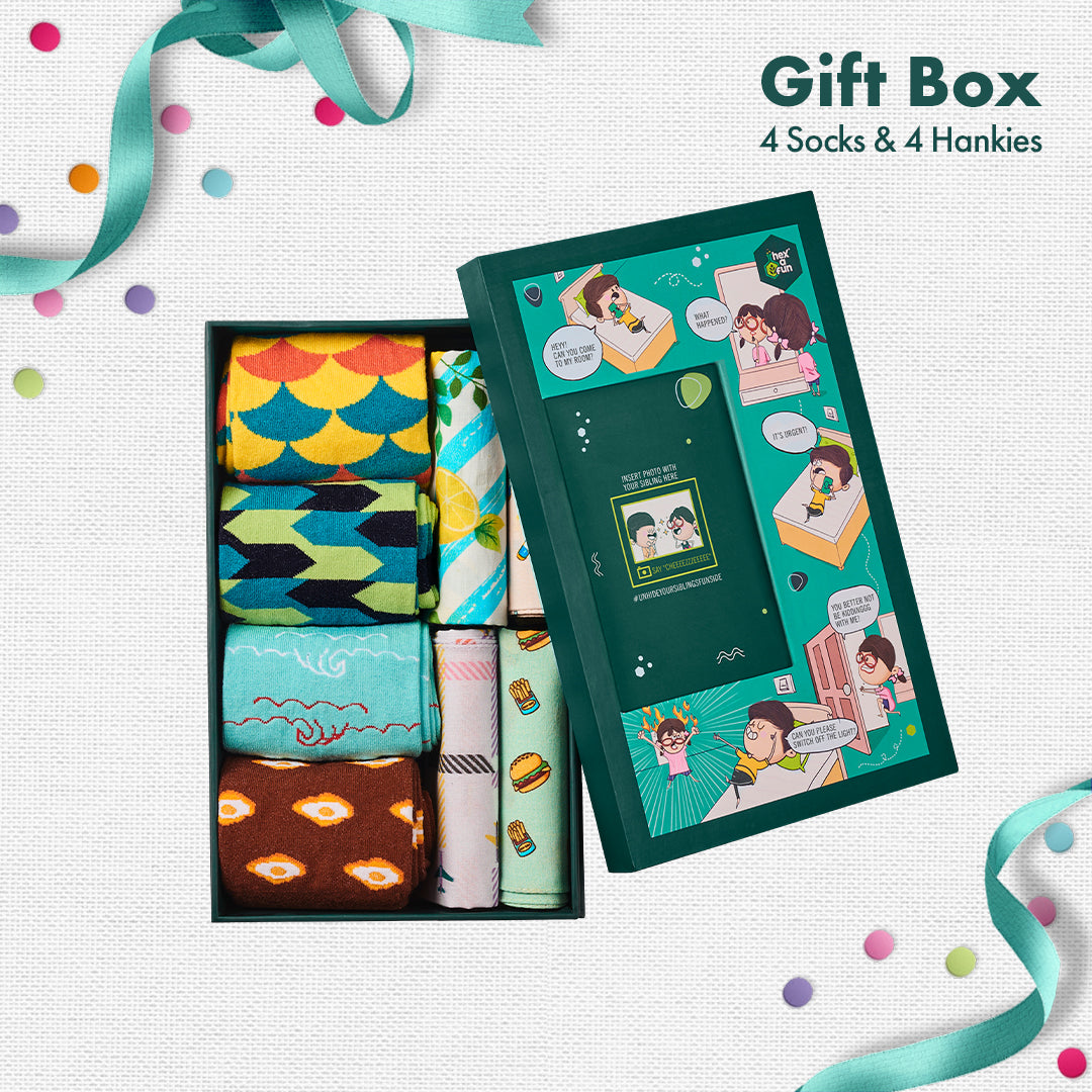 Photo-synthesis! Sibling Love Gift Box, 4 Unisex Ankle Length Socks + 4 Unisex Hankies, 100% Organic Cotton, Gift Box of 8