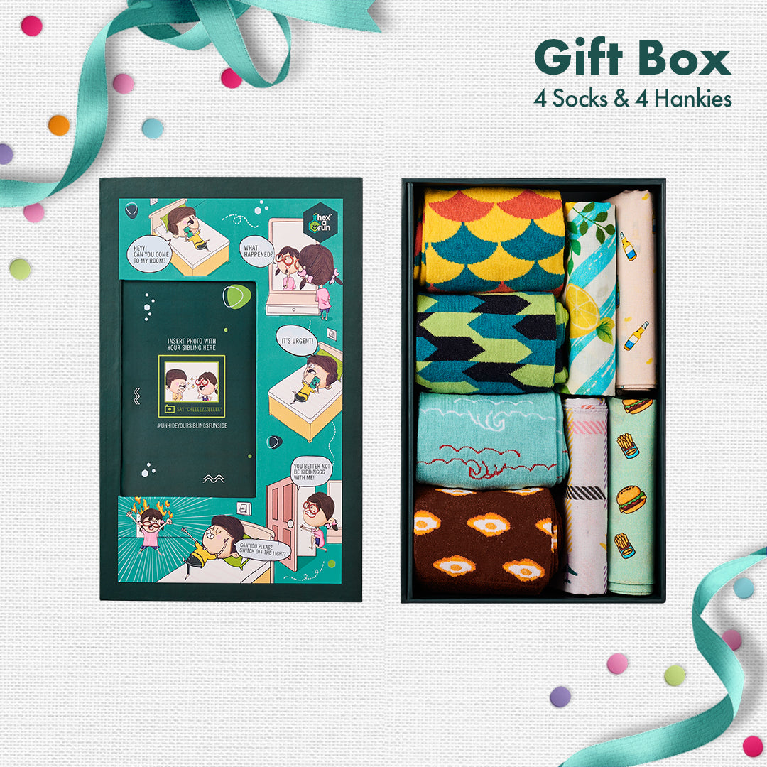 Photo-synthesis! Sibling Love Gift Box, 4 Unisex Ankle Length Socks + 4 Unisex Hankies, 100% Organic Cotton, Gift Box of 8