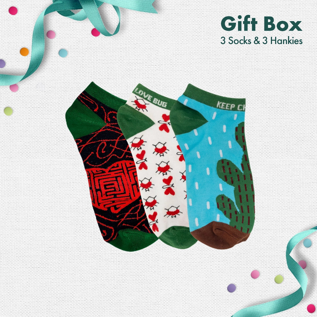LOML! Love Of My Life! 3 Unisex Ankle Length Socks + 3 Unisex Hankies, 100% Organic Cotton, Gift Box of 6