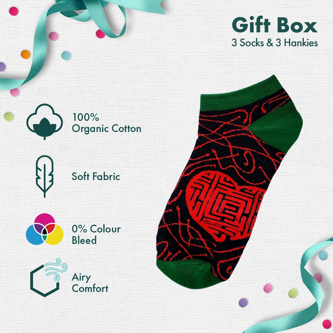 LOML! Love Of My Life! 3 Unisex Ankle Length Socks + 3 Unisex Hankies, 100% Organic Cotton, Gift Box of 6