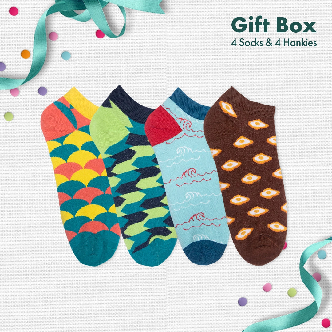 Photo-synthesis! Sibling Love Gift Box, 4 Unisex Ankle Length Socks + 4 Unisex Hankies, 100% Organic Cotton, Gift Box of 8