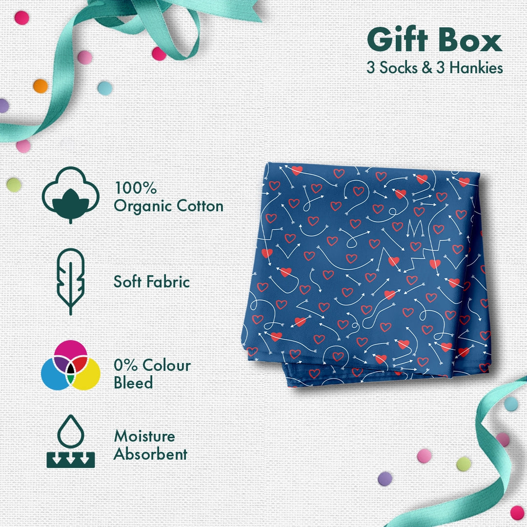 LOML! Love Of My Life! 3 Unisex Ankle Length Socks + 3 Unisex Hankies, 100% Organic Cotton, Gift Box of 6