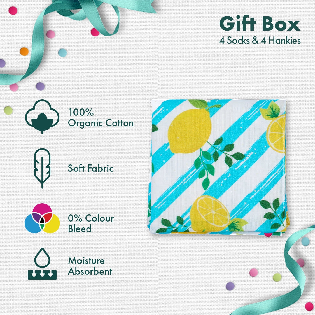 Photo-synthesis! Sibling Love Gift Box, 4 Unisex Ankle Length Socks + 4 Unisex Hankies, 100% Organic Cotton, Gift Box of 8