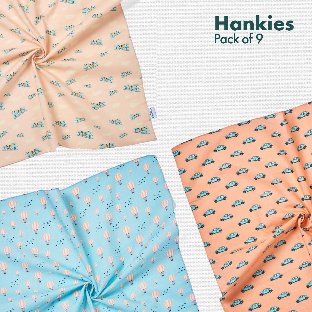 Animalholic! + Child-unlock! + Travelicious! Unisex Hankies, 100% Organic Cotton, Pack of 9