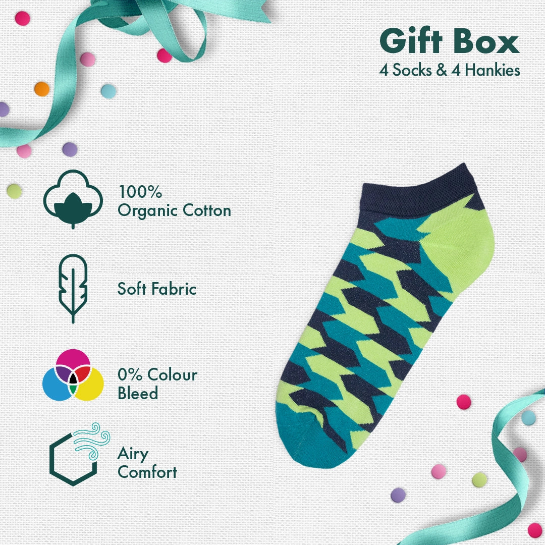 Photo-synthesis! Sibling Love Gift Box, 4 Unisex Ankle Length Socks + 4 Unisex Hankies, 100% Organic Cotton, Gift Box of 8