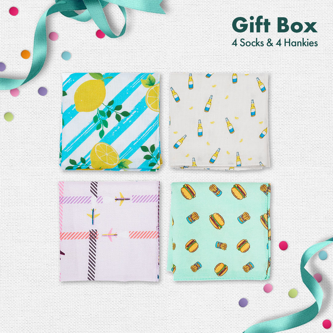 Photo-synthesis! Sibling Love Gift Box, 4 Unisex Ankle Length Socks + 4 Unisex Hankies, 100% Organic Cotton, Gift Box of 8