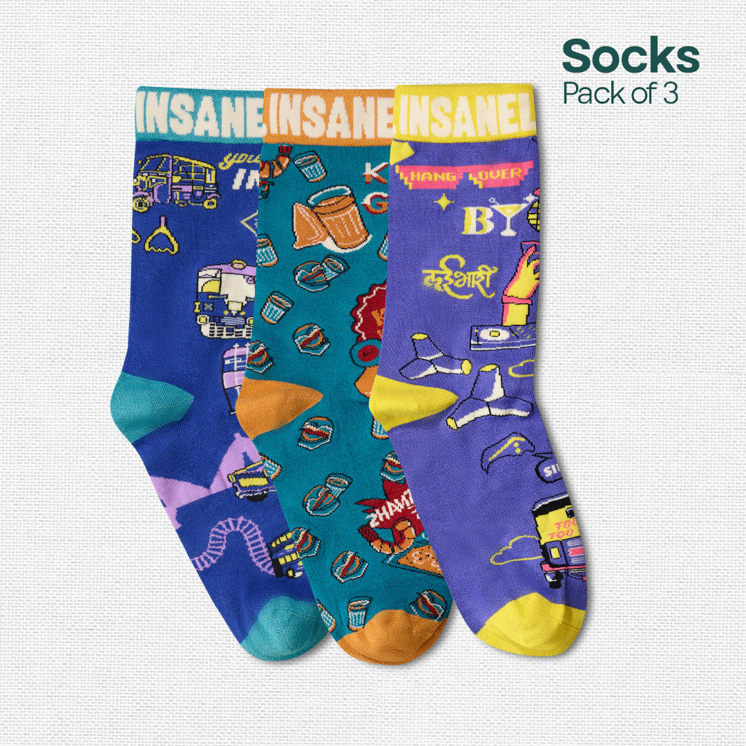 Insanely Maharashtra Feets! Unisex Socks, 100% Bamboo, Crew Length, Pack of 3