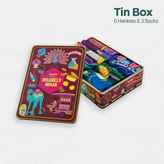 Majjama Mood Box! Tin Gift Box, 6 Hankies + 3 Socks, 100% Organic Cotton, Box of 9