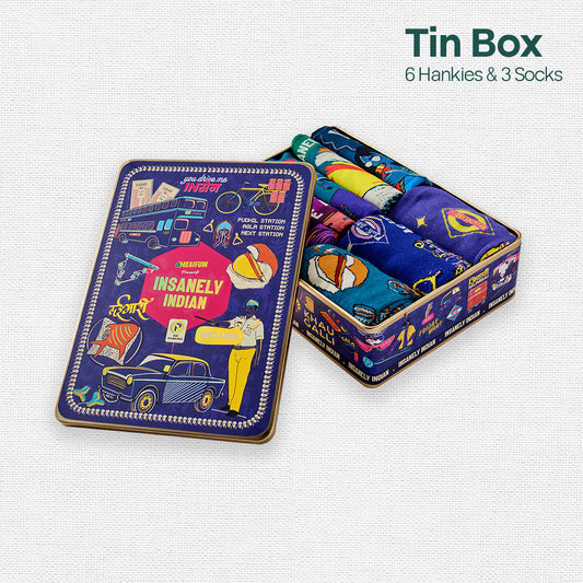 Lai Bhari Drip! Tin Gift Box, 6 Hankies + 3 Socks, 100% Organic Cotton, Box of 9