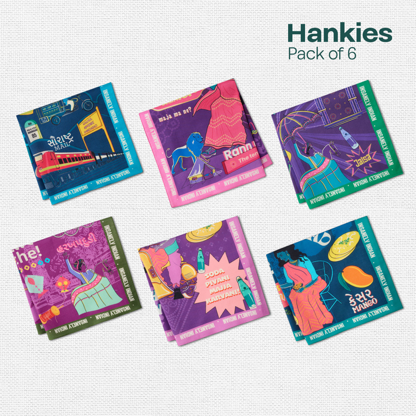 Insanely Gujarat Swag! Unisex Hankies, 100% Organic Cotton, Pack of 6