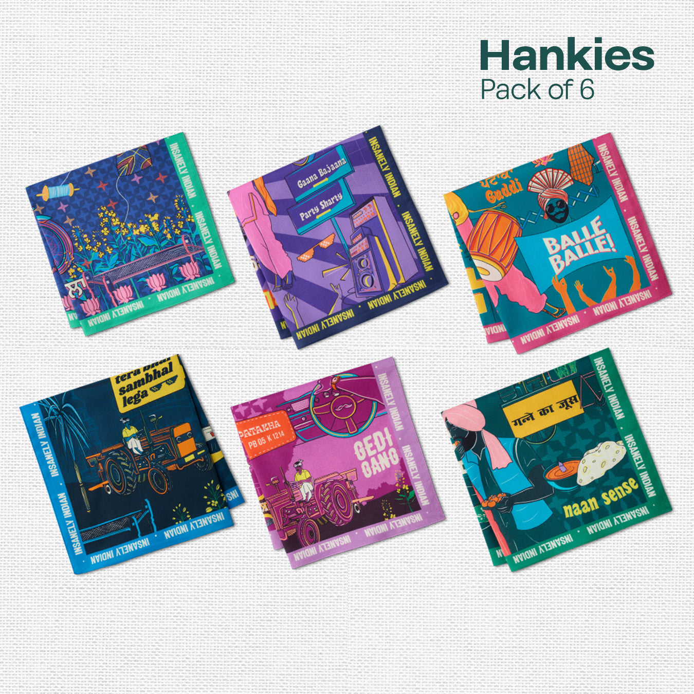 Insanely Punjab Swag! Unisex Hankies, 100% Organic Cotton, Pack of 6