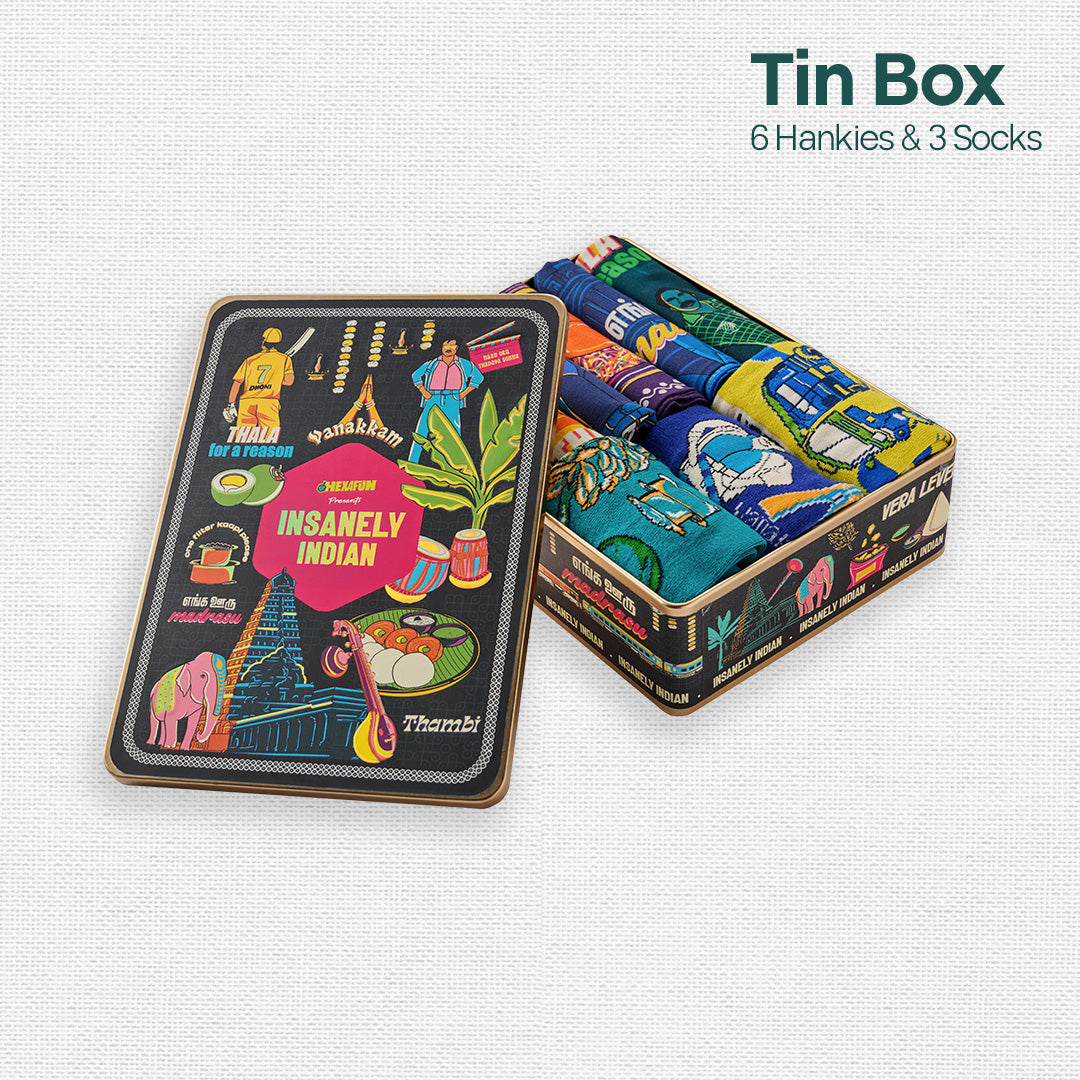 Vanakkam Vibes! Tin Gift Box, 6 Hankies + 3 Socks, 100% Organic Cotton, Box of 9
