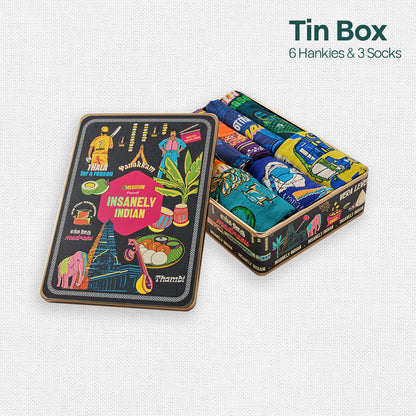 Vanakkam Vibes! Tin Gift Box, 6 Hankies + 3 Socks, 100% Organic Cotton, Box of 9