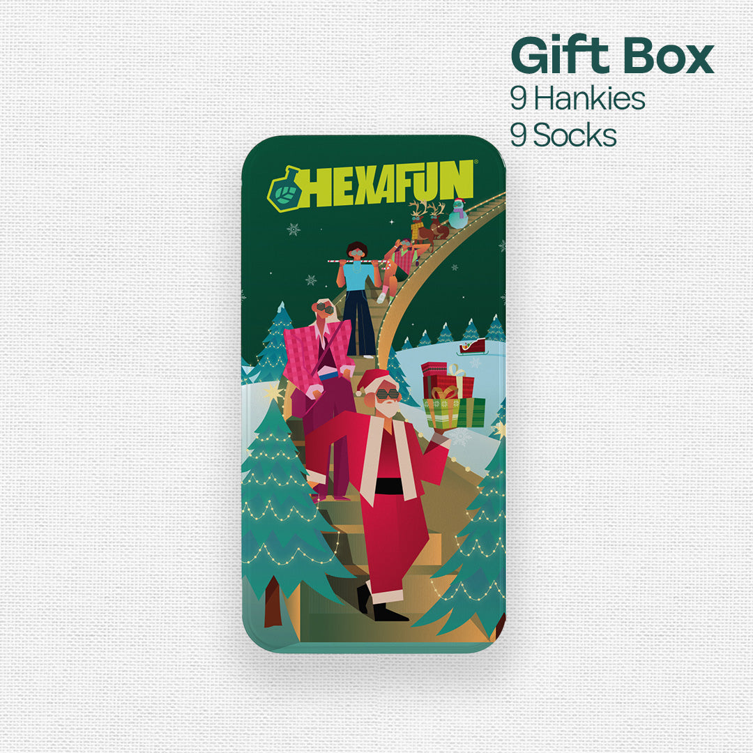 Saucy Santa! Tin Gift Box, 9 Unisex Kid's Hankies + 9 Unisex Kid's Socks, 100% Sustainable, Box of 18