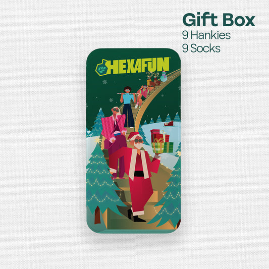 Saucy Santa! Tin Gift Box, 9 Unisex Kid's Hankies + 9 Unisex Kid's Socks, 100% Sustainable, Box of 18