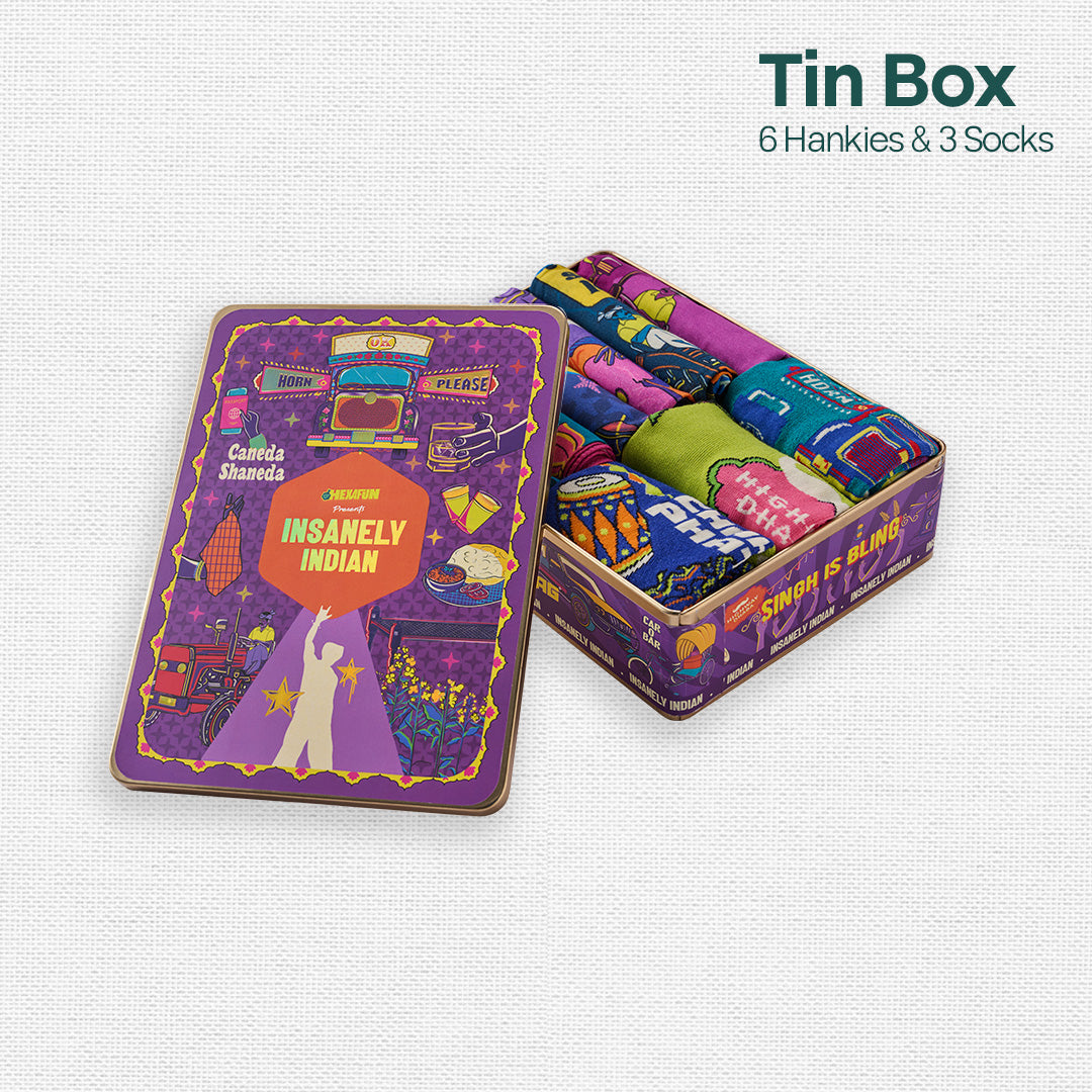 Horn Ok Please! Tin Gift Box, 6 Hankies + 3 Socks, 100% Organic Cotton, Box of 9