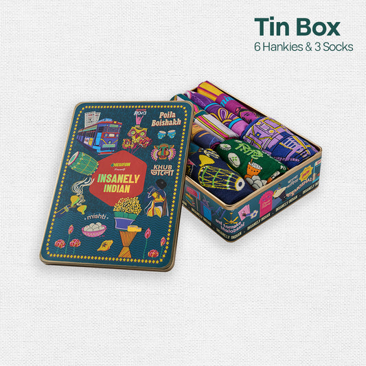 Next Level Bhalo! Tin Gift Box, 6 Hankies + 3 Socks, 100% Organic Cotton, Box of 9