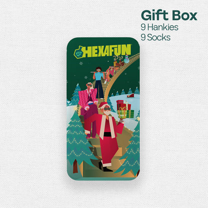 Saucy Santa! Tin Gift Box, 9 Unisex Kid's Hankies + 9 Unisex Kid's Socks, 100% Sustainable, Box of 18