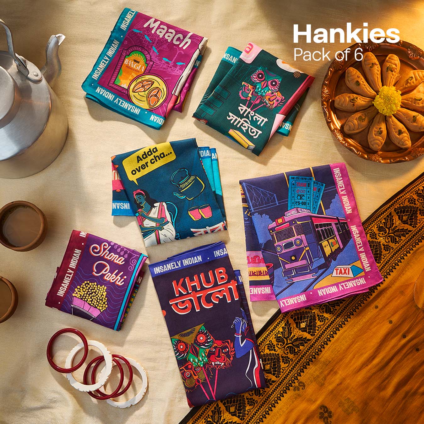Insanely Bengal Swag! Unisex Hankies, 100% Organic Cotton, Pack of 6