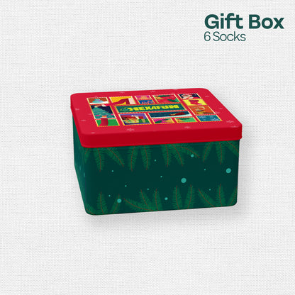 Season Splash! Tin Gift Box, Unisex Crew Length Socks, 100% Organic Cotton, Box of 6