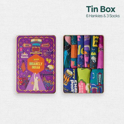 Horn Ok Please! Tin Gift Box, 6 Hankies + 3 Socks, 100% Organic Cotton, Box of 9