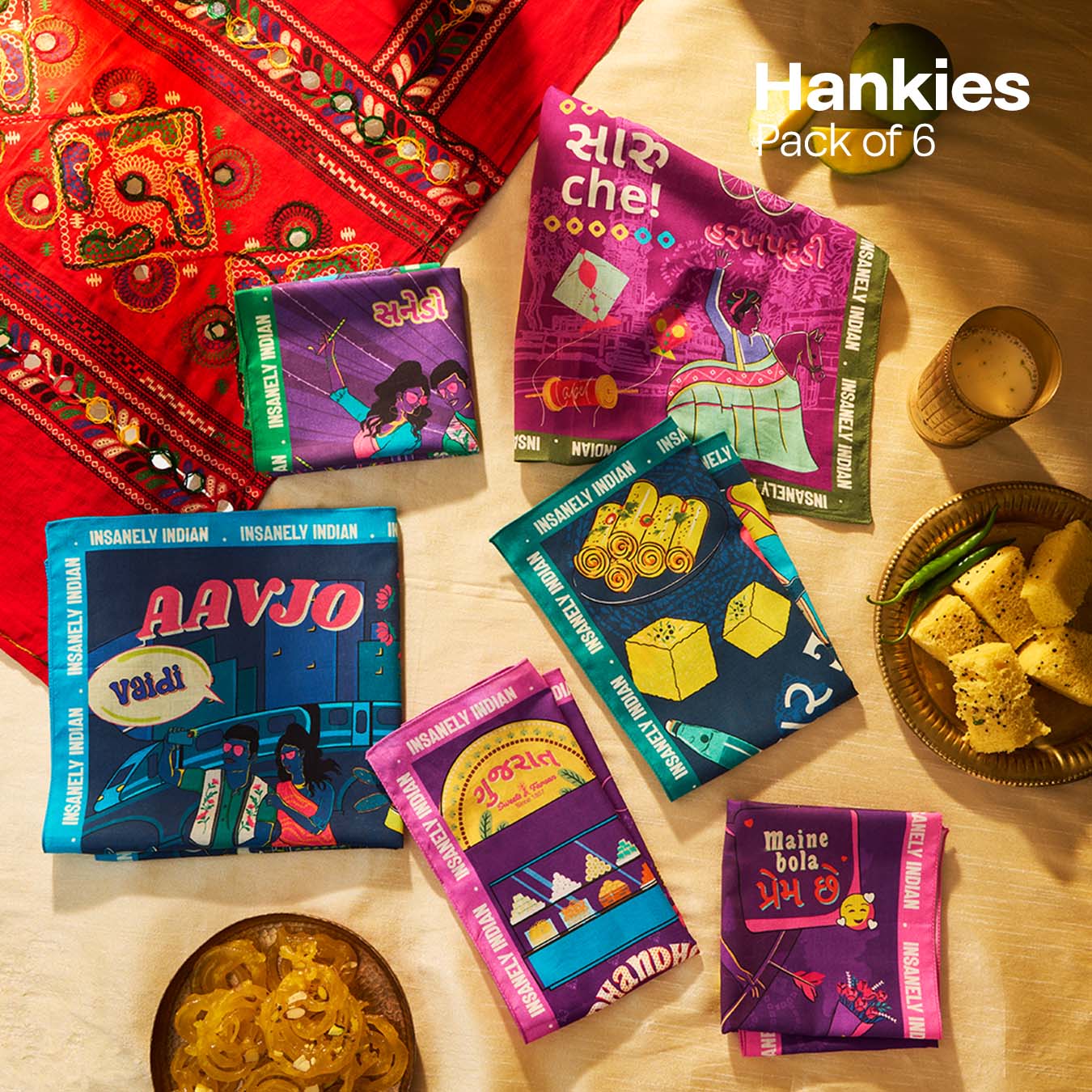 Insanely Gujarat Swag! Unisex Hankies, 100% Organic Cotton, Pack of 6