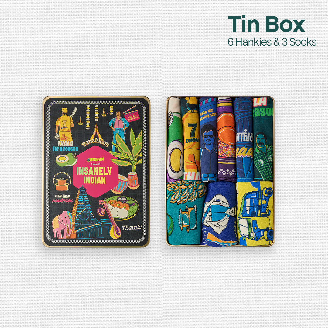 Vanakkam Vibes! Tin Gift Box, 6 Hankies + 3 Socks, 100% Organic Cotton, Box of 9