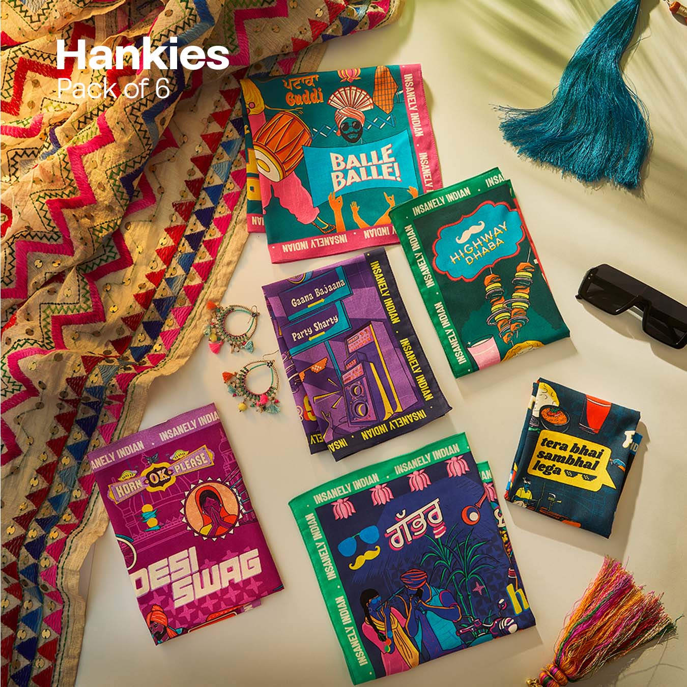 Insanely Punjab Swag! Unisex Hankies, 100% Organic Cotton, Pack of 6