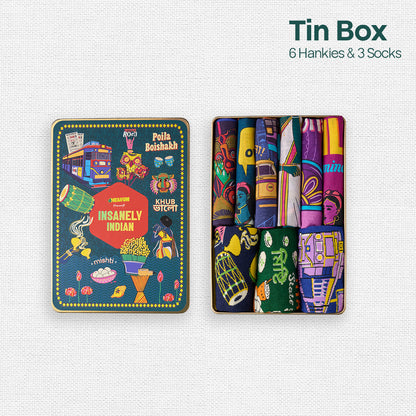 Next Level Bhalo! Tin Gift Box, 6 Hankies + 3 Socks, 100% Organic Cotton, Box of 9