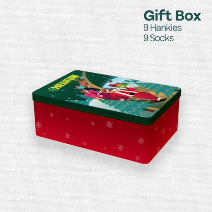 Ho Ho Haute! Tin Gift Box, 9 Unisex Hankies + 9 Unisex Crew Length Socks, 100% Organic Cotton, Box of 18
