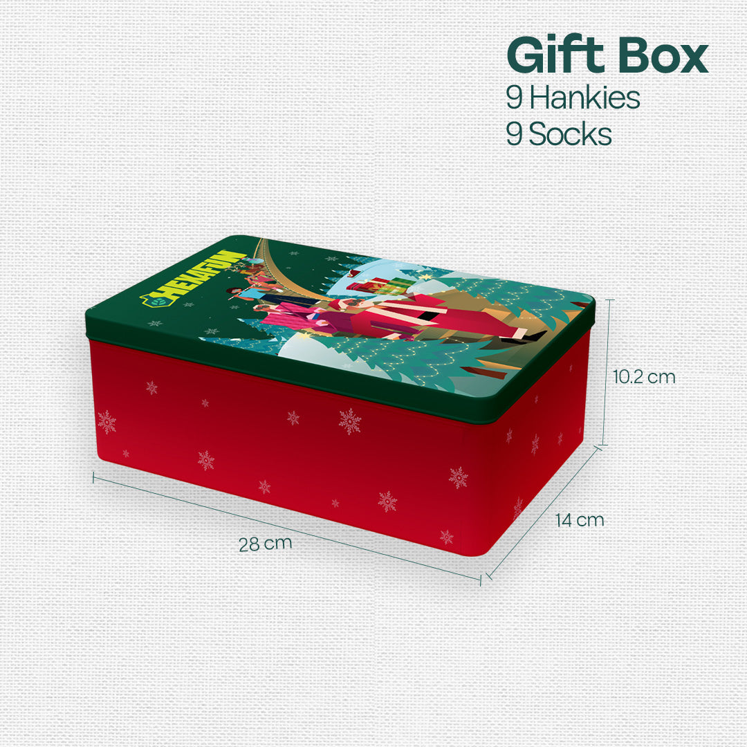 Ho Ho Haute! Tin Gift Box, 9 Unisex Hankies + 9 Unisex Ankle Length Socks, 100% Organic Cotton, Box of 18
