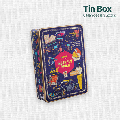 Lai Bhari Drip! Tin Gift Box, 6 Hankies + 3 Socks, 100% Organic Cotton, Box of 9