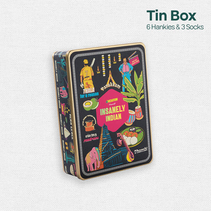 Vanakkam Vibes! Tin Gift Box, 6 Hankies + 3 Socks, 100% Organic Cotton, Box of 9