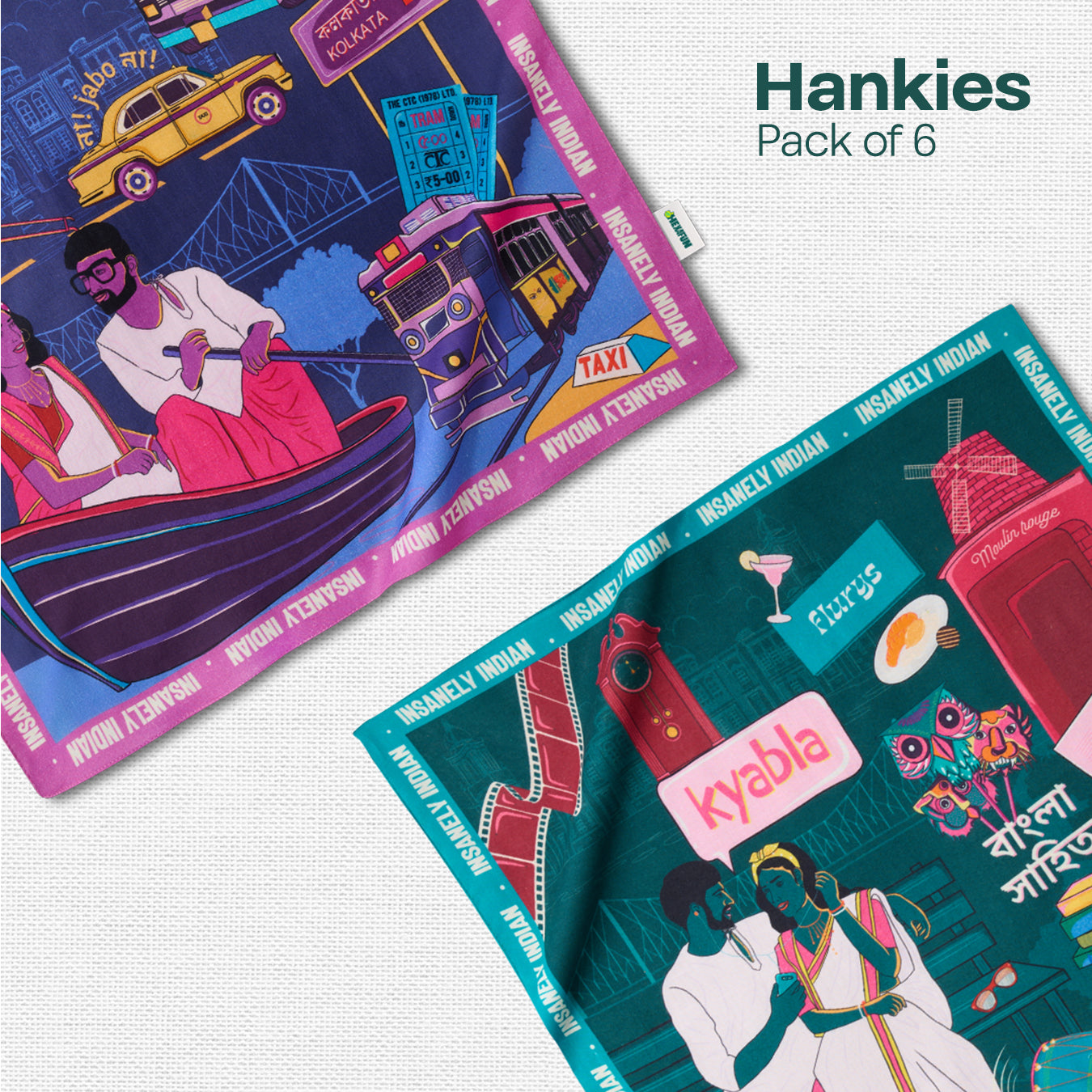 Insanely Bengal Swag! Unisex Hankies, 100% Organic Cotton, Pack of 6