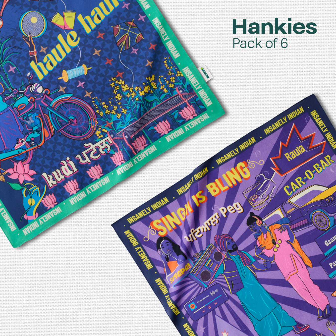 Insanely Punjab Swag! Unisex Hankies, 100% Organic Cotton, Pack of 6