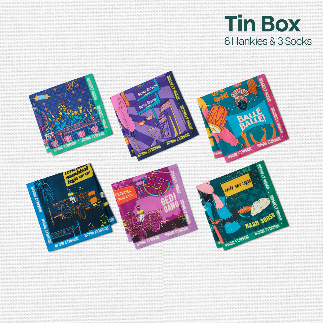 Horn Ok Please! Tin Gift Box, 6 Hankies + 3 Socks, 100% Organic Cotton, Box of 9